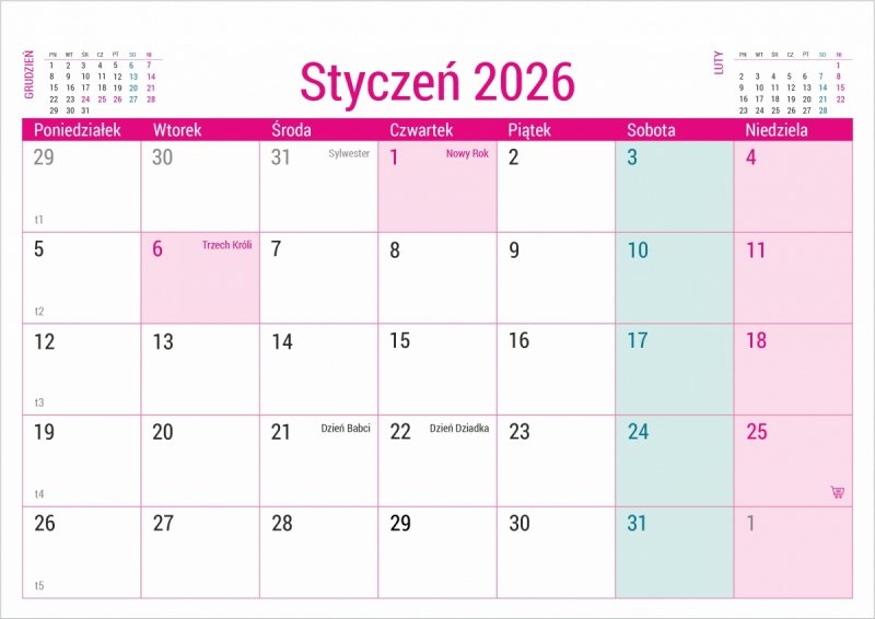 kalendarz na podstawce sztywnej, na spirali, biurkowy 2026