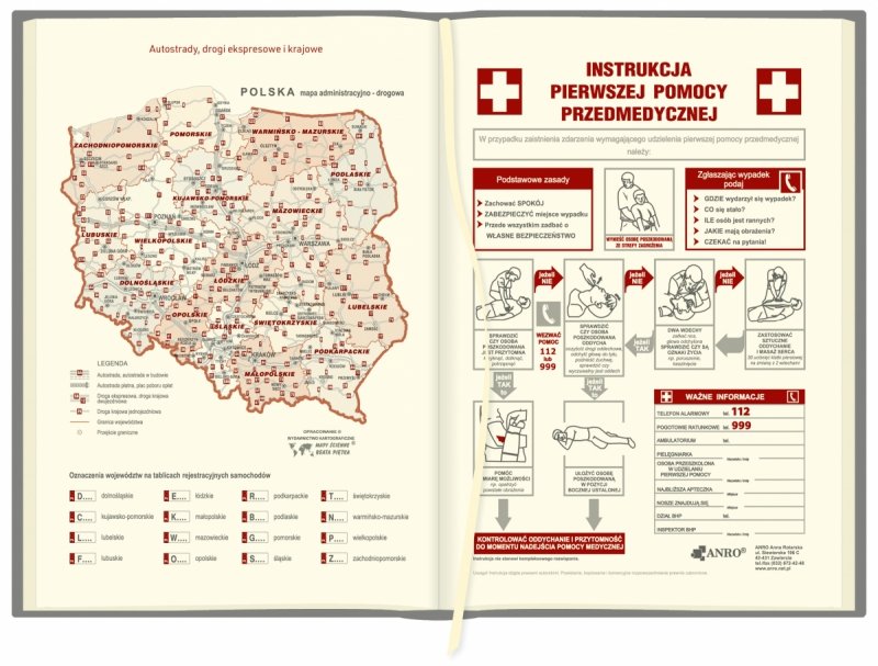 mapa z autostradami, drogami krajowymi oraz ekspreosowymi, instrukcja pierwszej pomocy przedmedycznej