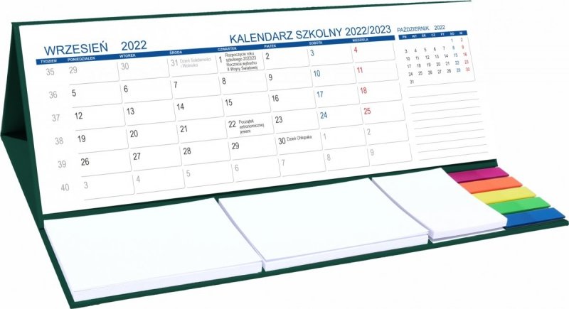 Kalendarz biurkowy z notesami i znacznikami MAXI na rok szkolny 2022/2023 zielony