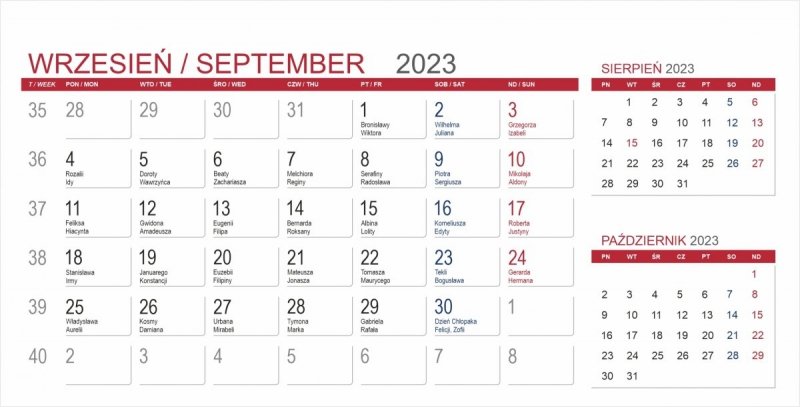 Kalendarium 3-miesięczne do kalendarza biurkowego na rok 2023 - wrzesień 2023