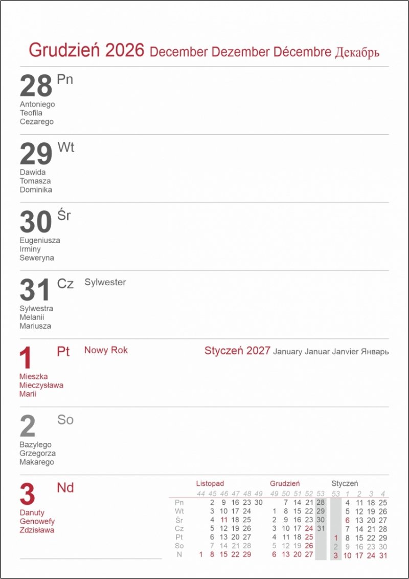 kalendarz biurkowy PIONOWY TYGODNIOWY