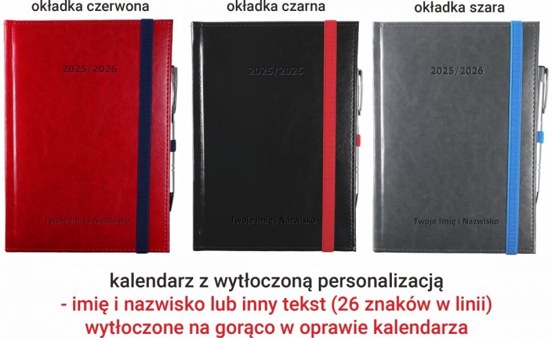 okładka kalendarza książkowego na rok szkolny 2025-2026 z tłoczonym imieniem i nazwiskiem na okładce