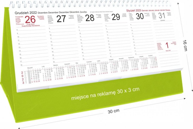 Wymiary kalendarza biurkowego PREMIUM z kalendarium tygodniowym na rok 2023