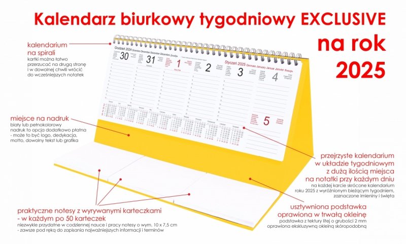 Kalendarz biurkowy stojący na podstawce - kalendarium tygodniowe na rok 2025