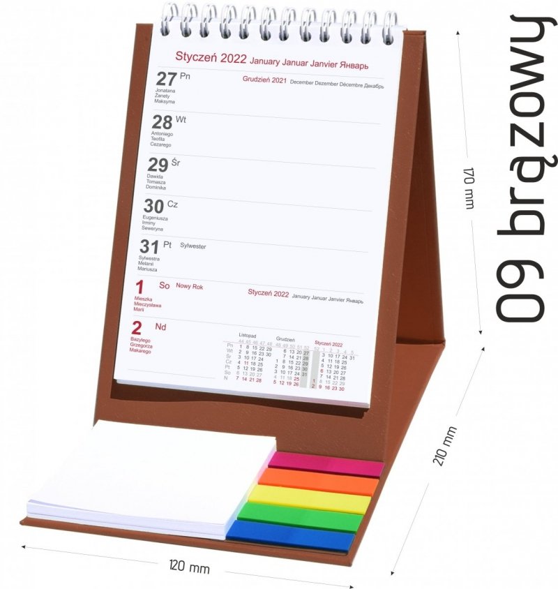Kalendarz biurkowy z notesem i znacznikami TOP tygodniowy 2022 brązowy