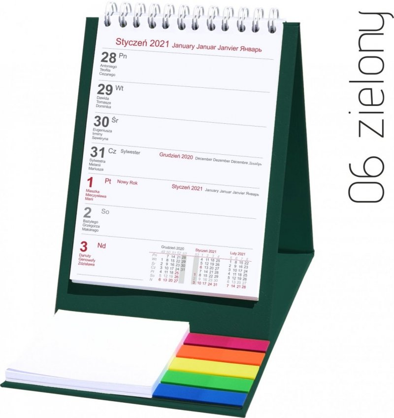 Kalendarz biurkowy z notesem i znacznikami TOP tygodniowy 2021 zielony