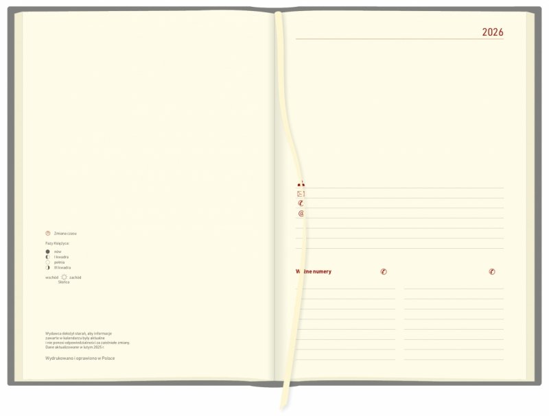 kalendarz A4 na rok 2026 w układzie dziennym, papier w kolorze chamois