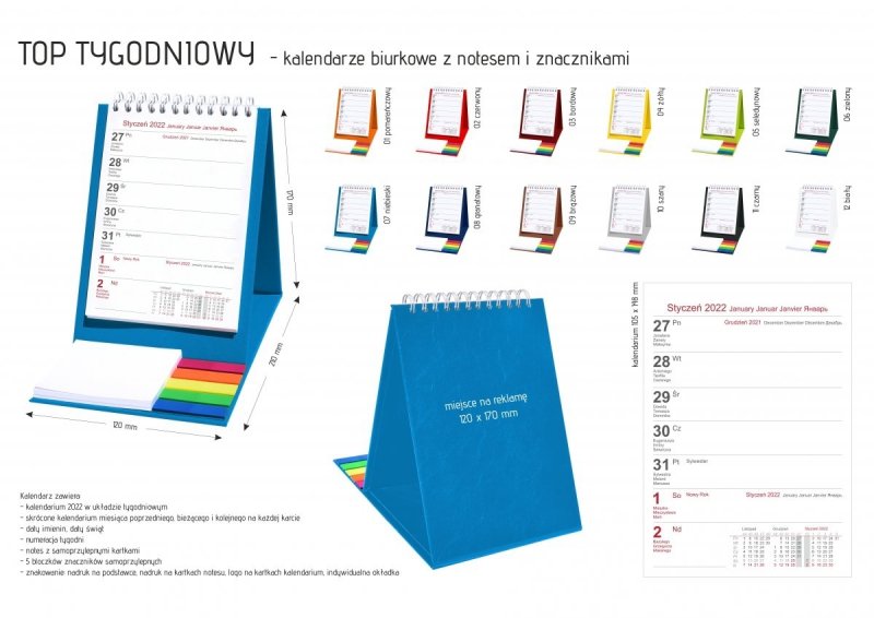 Kalendarz biurkowy z notesem i znacznikami TOP tygodniowy 2022 żółty