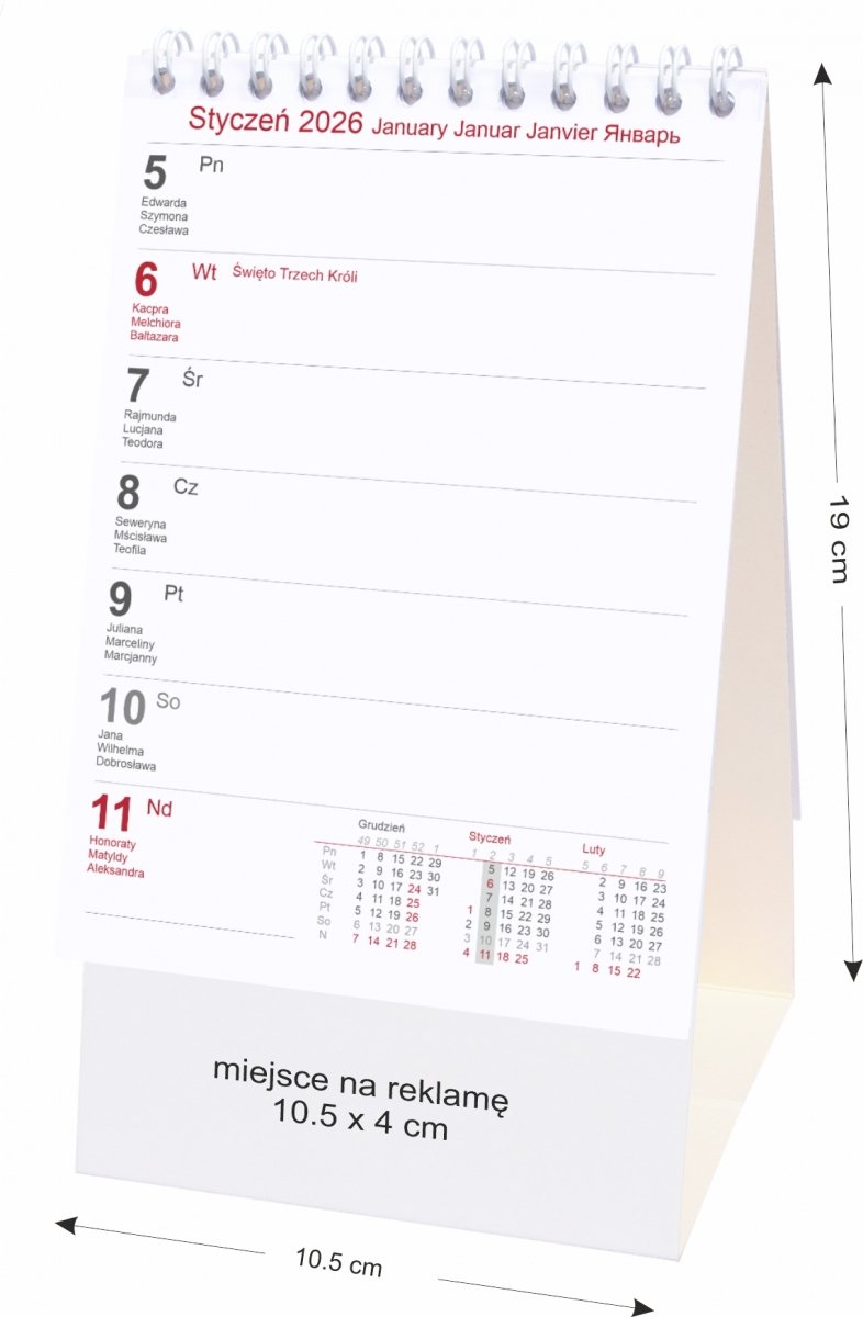 wymiary kalendarza tygodniowego na kartoniku