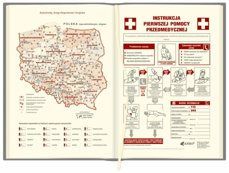 mapa z autostradami, drogami krajowymi oraz ekspreosowymi, instrukcja pierwszej pomocy przedmedycznej