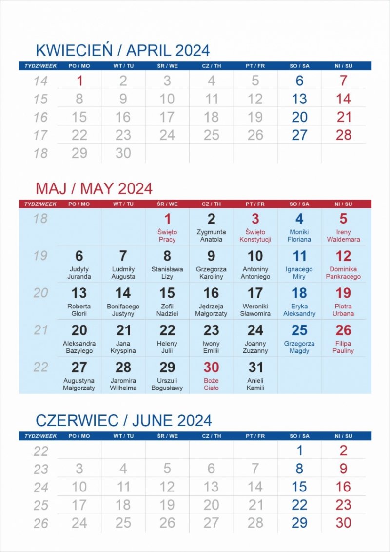 Kalendarium pionowe do kalendarza biurkowego 2024