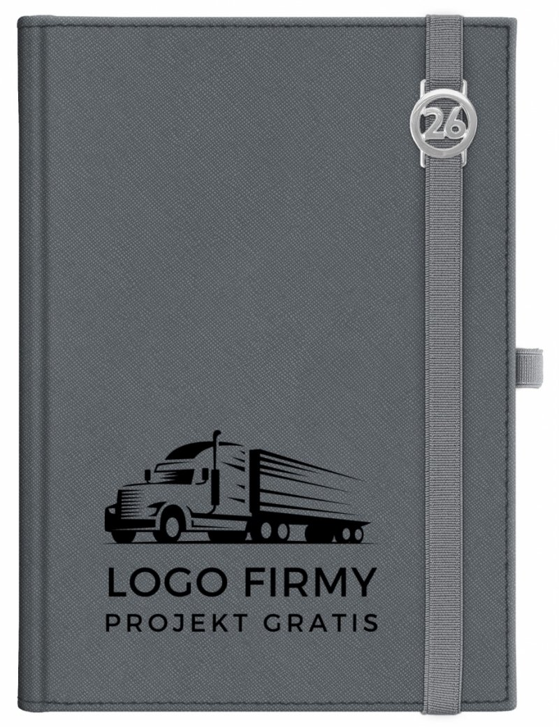 Kalendarz książkowy 2026 A5 dzienny papier chamois wycinane registry oprawa z zamykaniem na gumkę i mocowaniem na długopis ROSSA VIU szara  Z NADRUKIEM LOGO