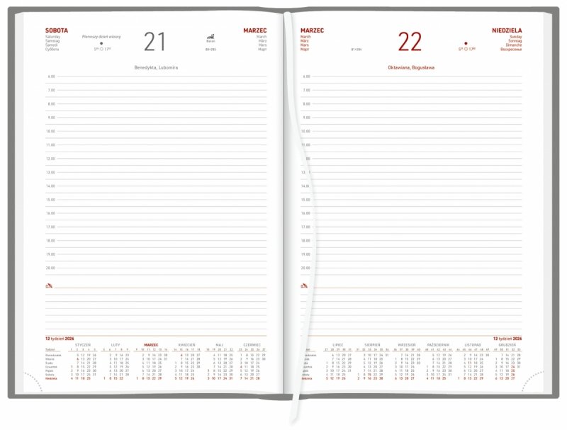 kalendarz książkowy 2026, dzień na osobnej stronie również sobota i niedziela osobno