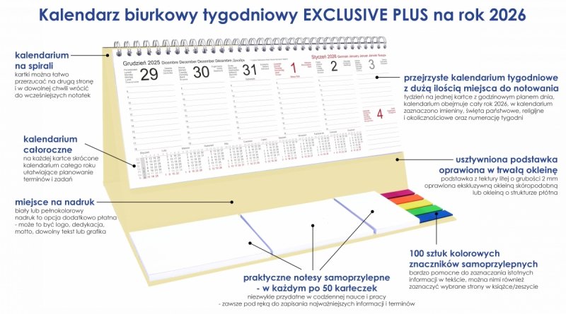 Kalendarz biurkowy stojący na podstawce - kalendarium tygodniowe na rok 2026