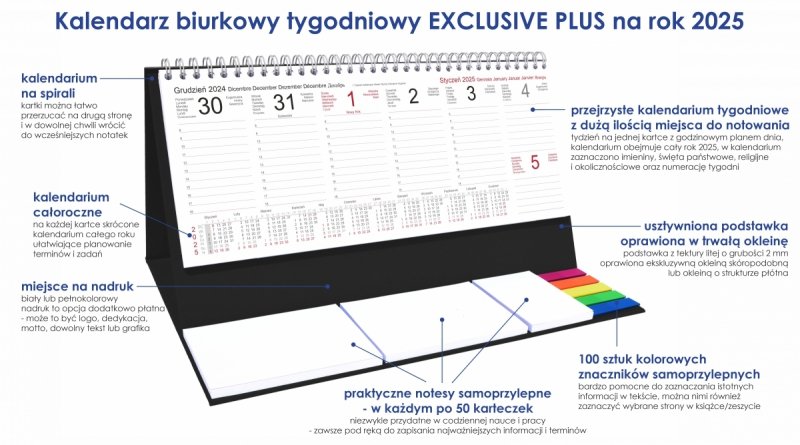 Kalendarz biurkowy stojący na podstawce - kalendarium tygodniowe na rok 2025