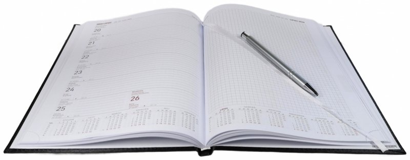 Kalendarz książkowy 2026 A4 TYGODNIOWY Z NOTESEM papier biały drukowane registry oprawa ALUMINIUM szara