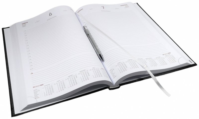 Kalendarz książkowy 2026 A4 dzienny papier biały drukowane registry oprawa ALUMINIUM granatowa Z NADRUKIEM LOGO