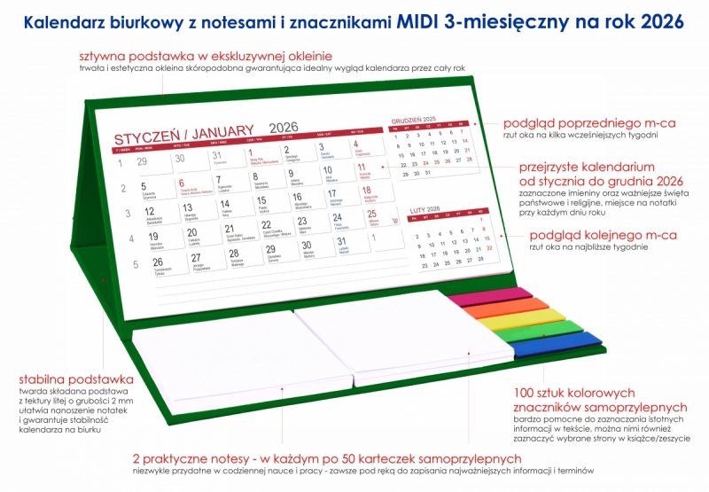 opis kalendarza MIDI 3-miesięczny na rok 2026 z notesami i znacznikami