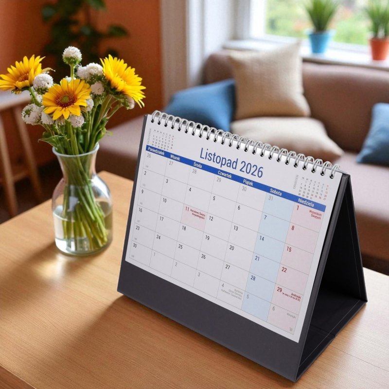 kalendarz na spirali, do postawienia na biurku, dla ucznia na rok szkolny 2026/2027