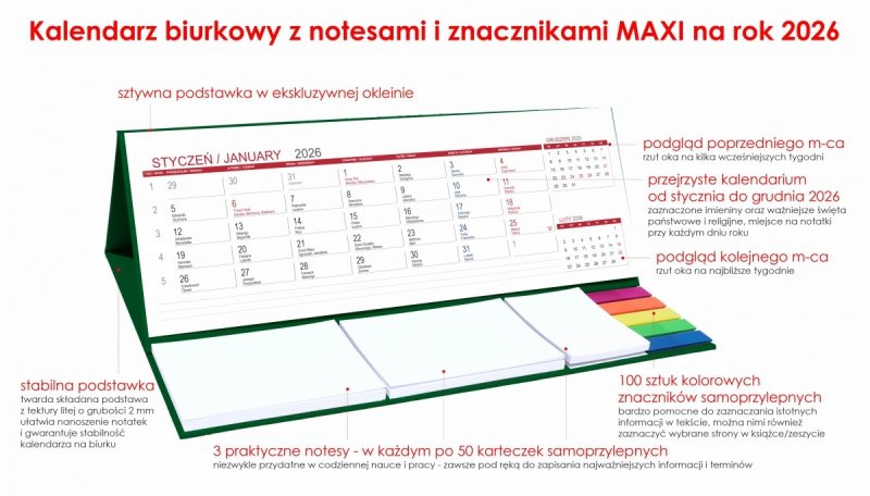 Kalendarz biurkowy z notesami i znacznikami samoprzylepnymi MAXI 2026 zielony 