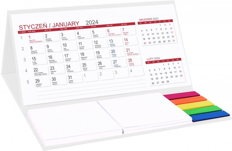 Kalendarz stojący na biurko z notesami i znacznikami 