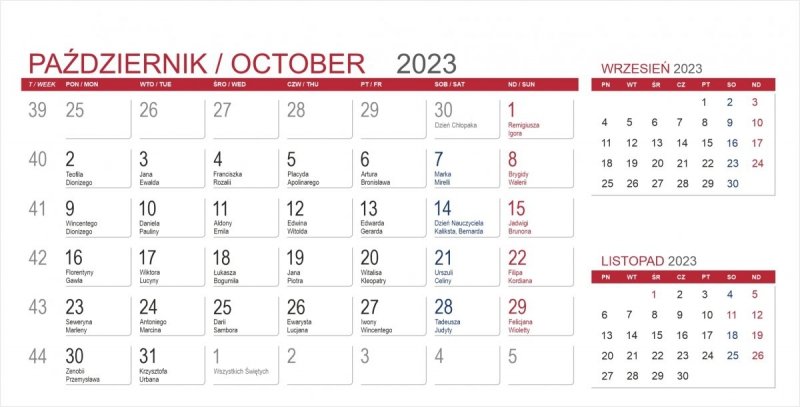 Kalendarium 3-miesięczne do kalendarza biurkowego na rok 2023 - październik 2023