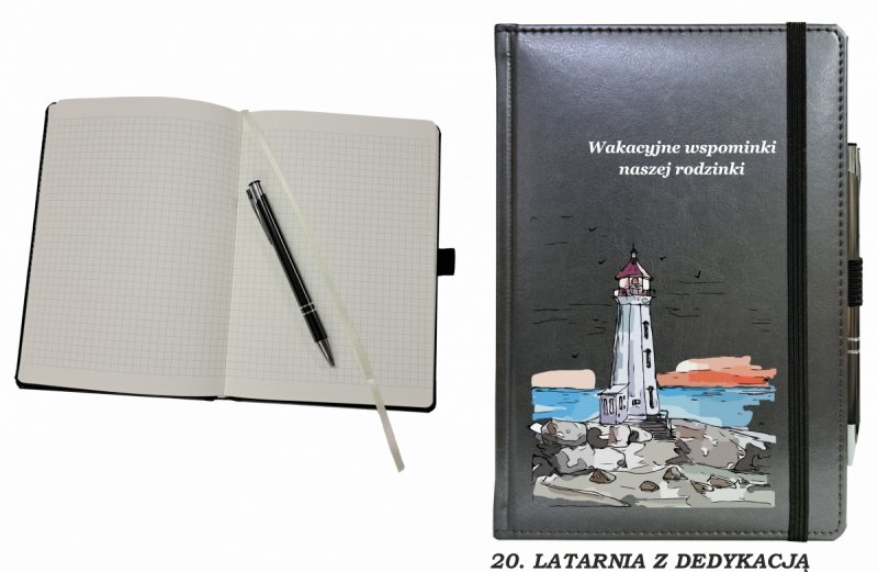 notes zamykany na gumkę z długopisem z grafiką na okładce