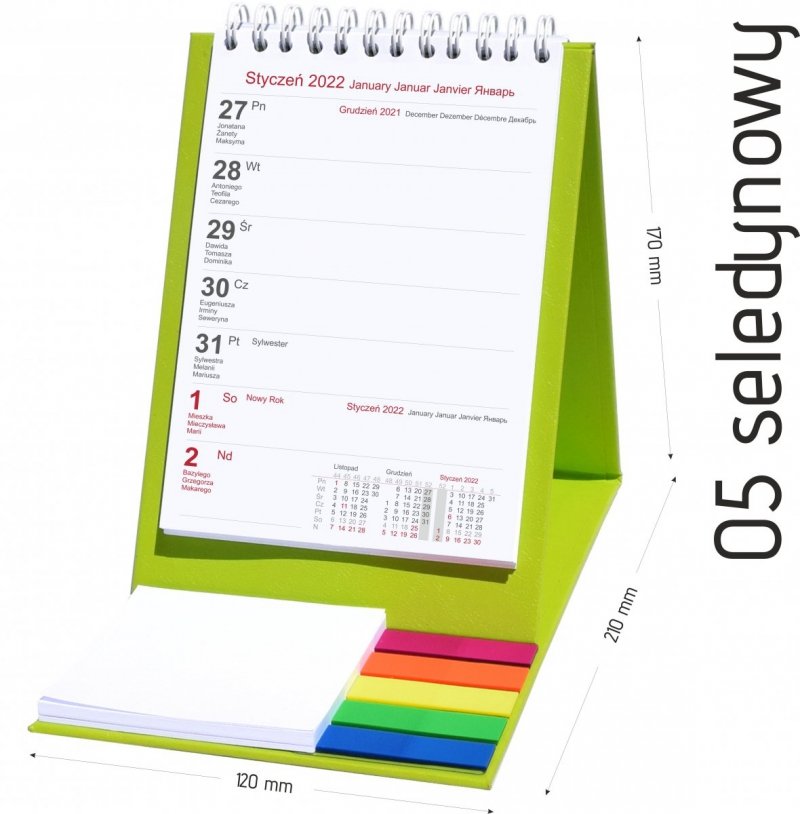 Kalendarz biurkowy z notesem i znacznikami TOP tygodniowy 2022 seledynowy