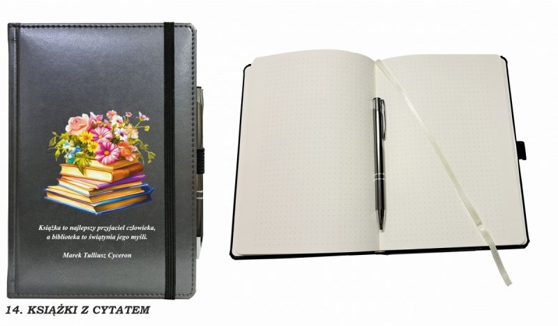notes zamykany na gumkę z długopisem z grafiką na okładce