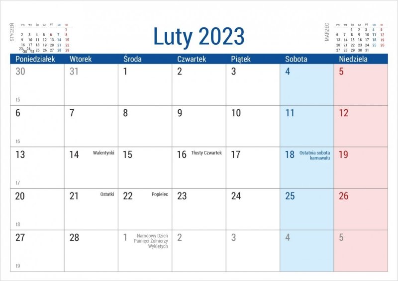 Kalendarium do kalendarza biurkowego PLANO na rok 2023 - luty 2023