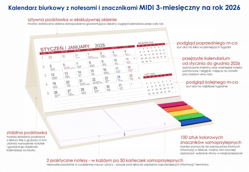 opis kalendarza MIDI 3-miesięczny na rok 2026 z notesami i znacznikami
