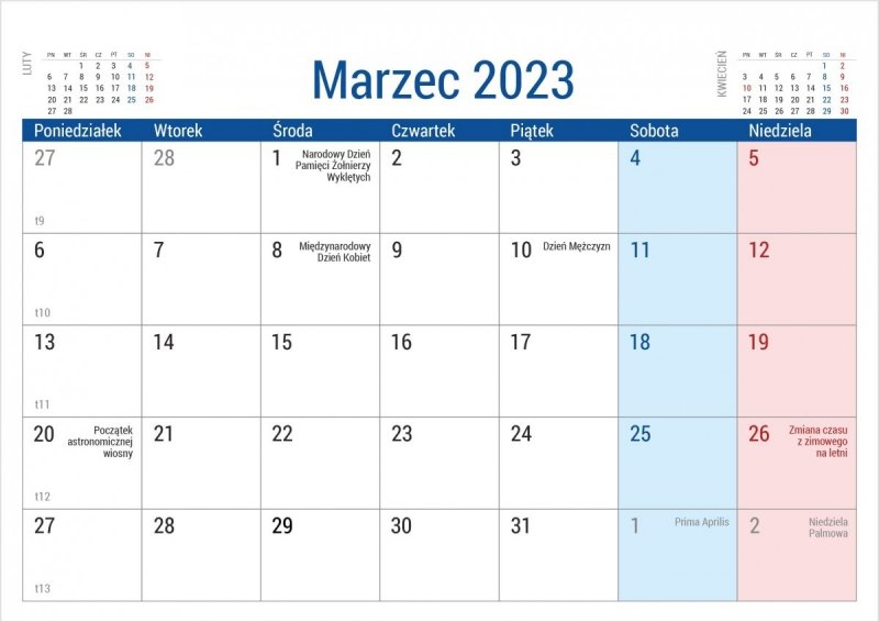 Kalendarium do kalendarza biurkowego PLANO na rok 2023 - marzec 2023