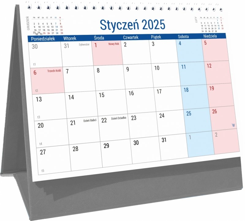 Kalendarz biurkowy PLANO na rok 2025 z dużą ilością miejsca na notatki