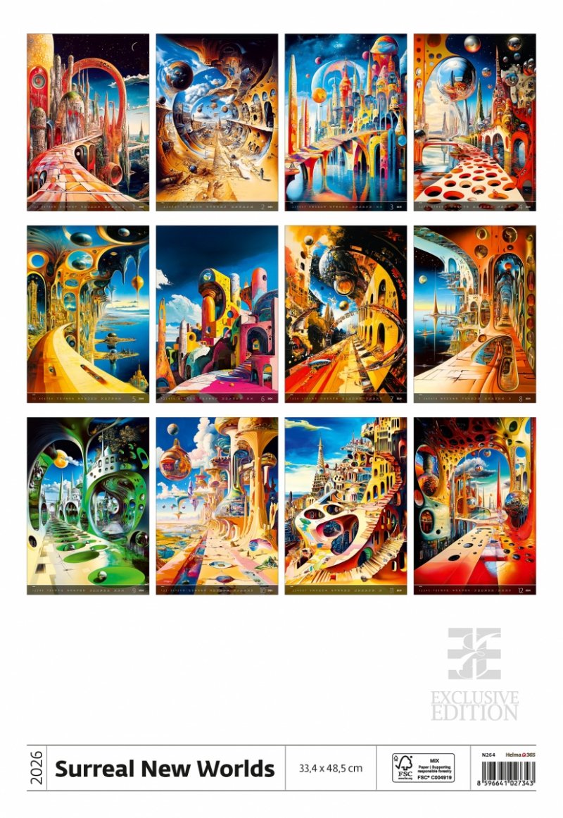 E08 Kalendarz ścienny wieloplanszowy Surreal New Worlds 2026 - exclusive edition Z NADRUKIEM