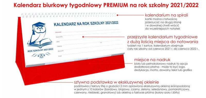 Kalendarz biurkowy tygodniowy na rok szkolny 2021/2022 PREMIUM czerwony