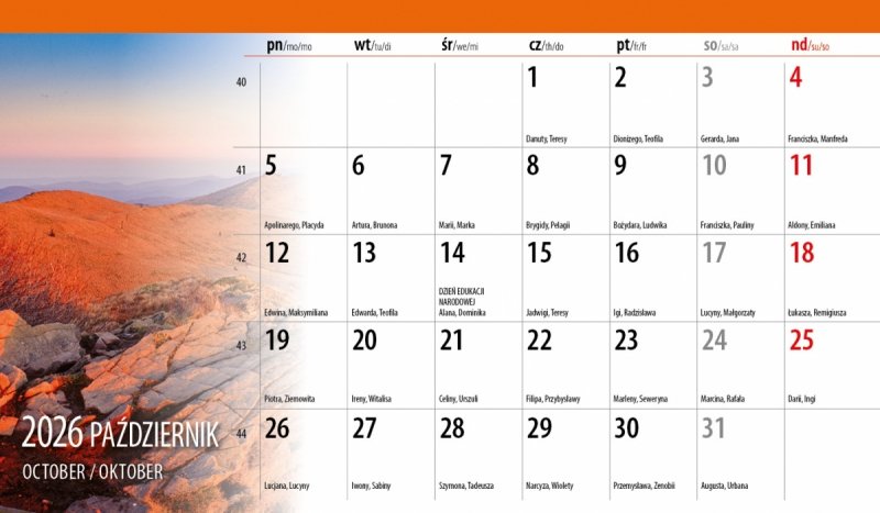 miesięczny kalendarz z różnymi widokami na rok 2026