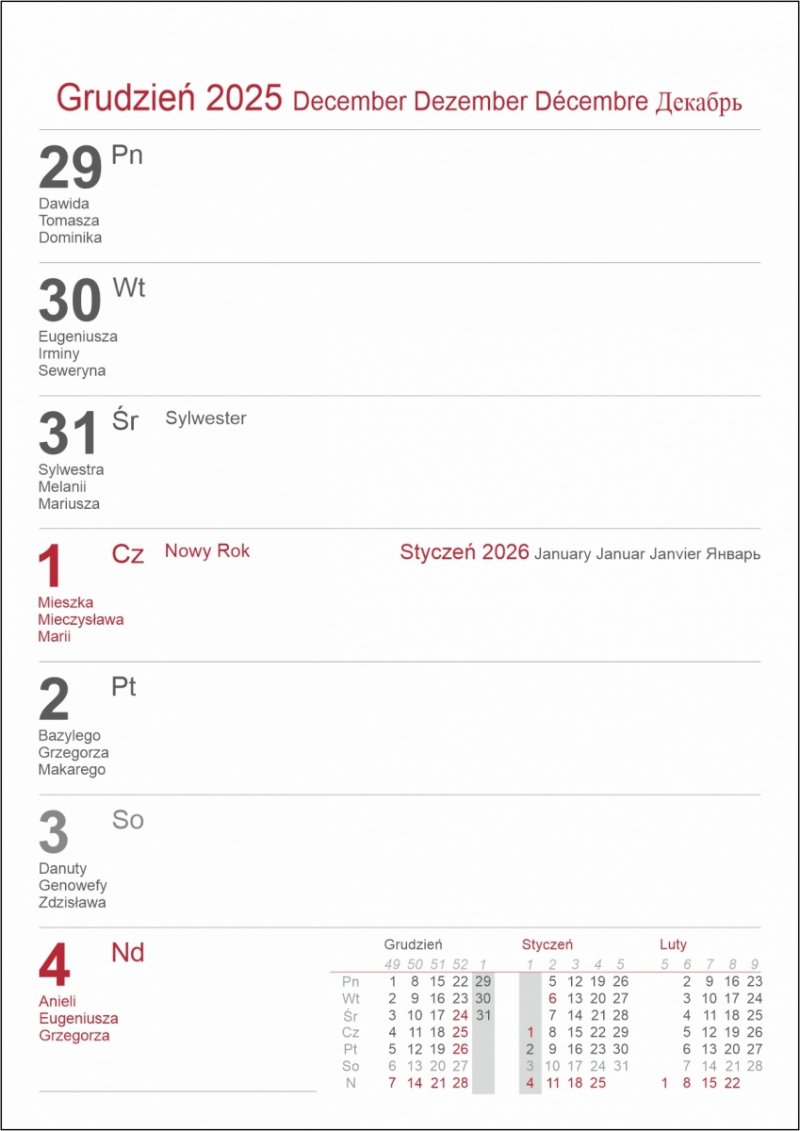 kalendarz tygodniowy pionowy na rok 2026