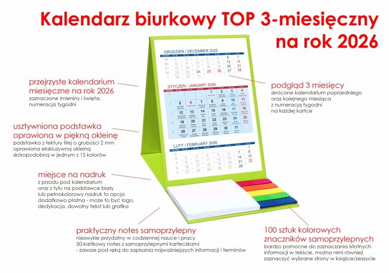 Kalendarz biurkowy z notesem i znacznikami TOP 3-miesięczny 2026 seledynowy