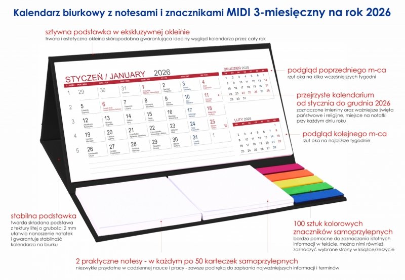 opis kalendarza MIDI 3-miesięczny na rok 2026 z notesami i znacznikami
