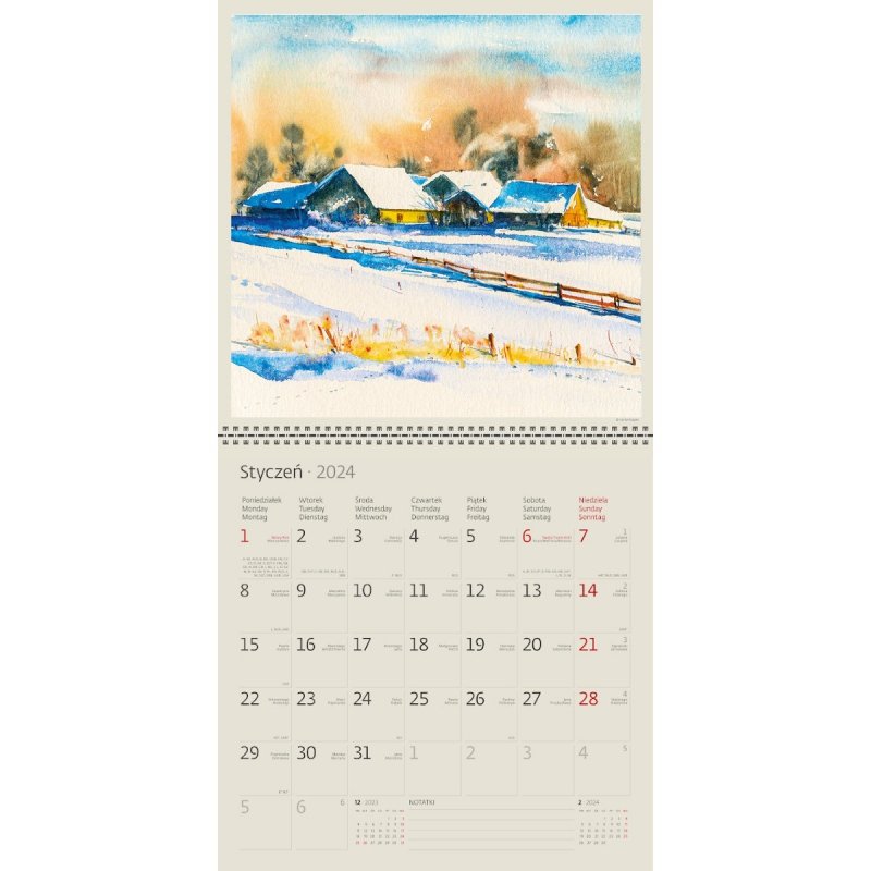Kalendarz ścienny wieloplanszowy Akwarele 2024 z naklejkami - przykładowa kartka z kalendarza