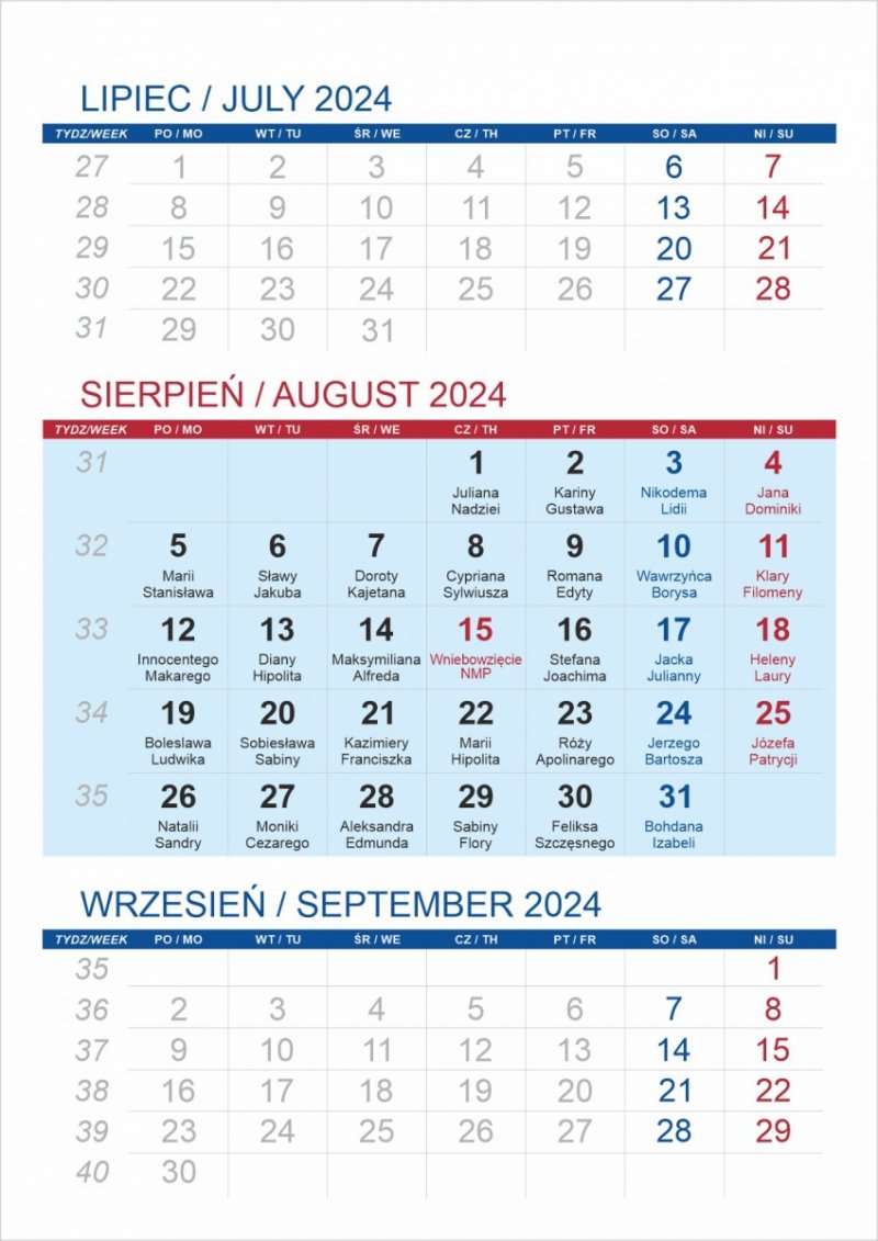 Kalendarium kalendarza biurowego na rok 2024
