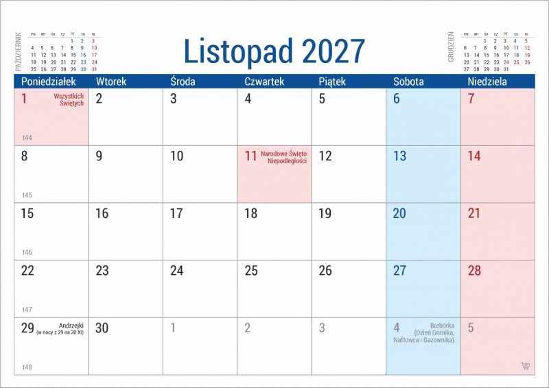 kalendarz na tekturowej sztywnej podstawce na biurko na rok 2027