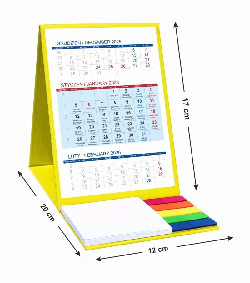 Kalendarz biurkowy z notesem i znacznikami TOP 3-miesięczny 2026 żółty