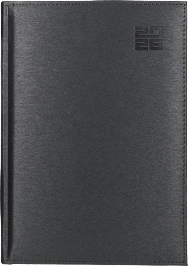 Kalendarz książkowy 2026 A4 TYGODNIOWY Z NOTESEM papier biały drukowane registry oprawa ALUMINIUM szara