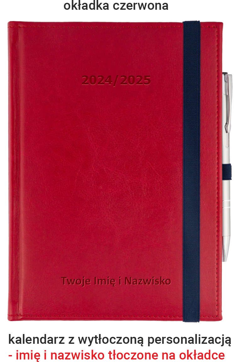 Kalendarz z tłoczonym imieniem i nazwiskiem na okładce 