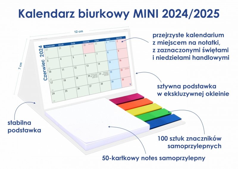 Poręczny kalendarz na biurko z notesem i znacznikami