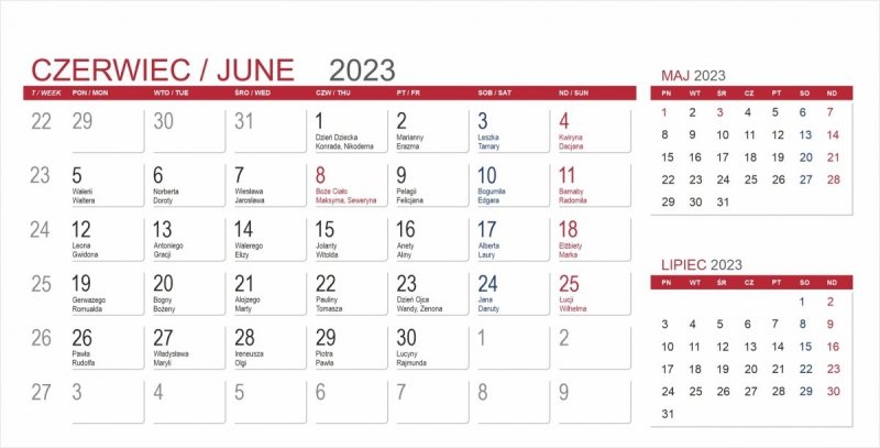 Kalendarium 3-miesięczne do kalendarza biurkowego na rok 2023 - czerwiec 2023