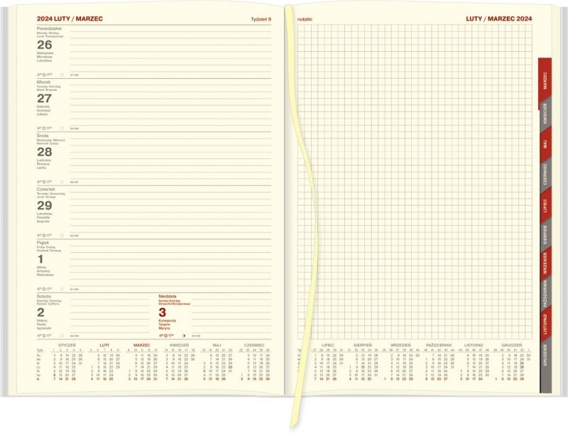 Blok kalendarza A4 tygodniowego z notesem papier chamois drukowane registry