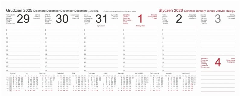 kalendarz tygodniowy na rok 2026 z notesami i znacznikami