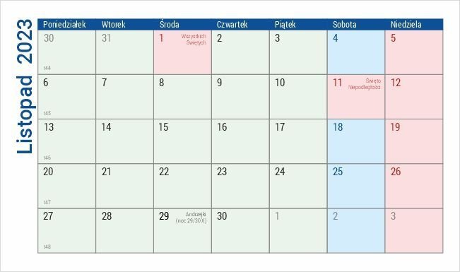 Kalendarz biurkowy na rok szkolny 2023/2024 z notesem i znacznikami - listopad 2023